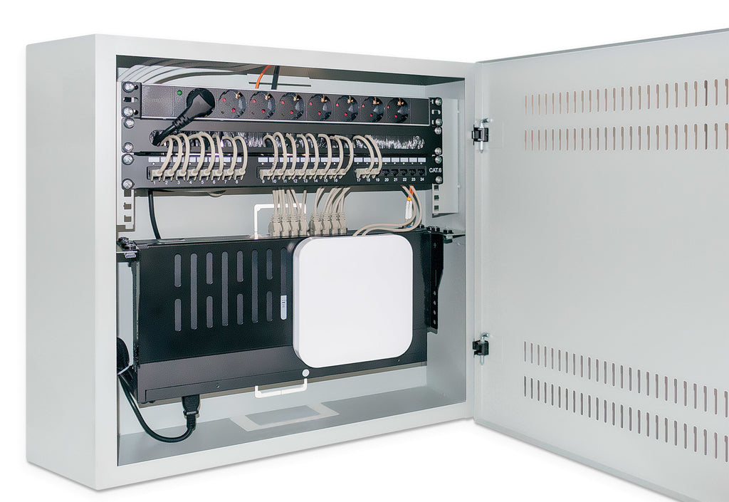 Intellinet Coffret mural 19" extra-plat avec rails 4U horizontaux et 2U verticaux, profondeur 170 mm, idéal AV/multimédia/surveillance, assemblé, gris RAL 7035