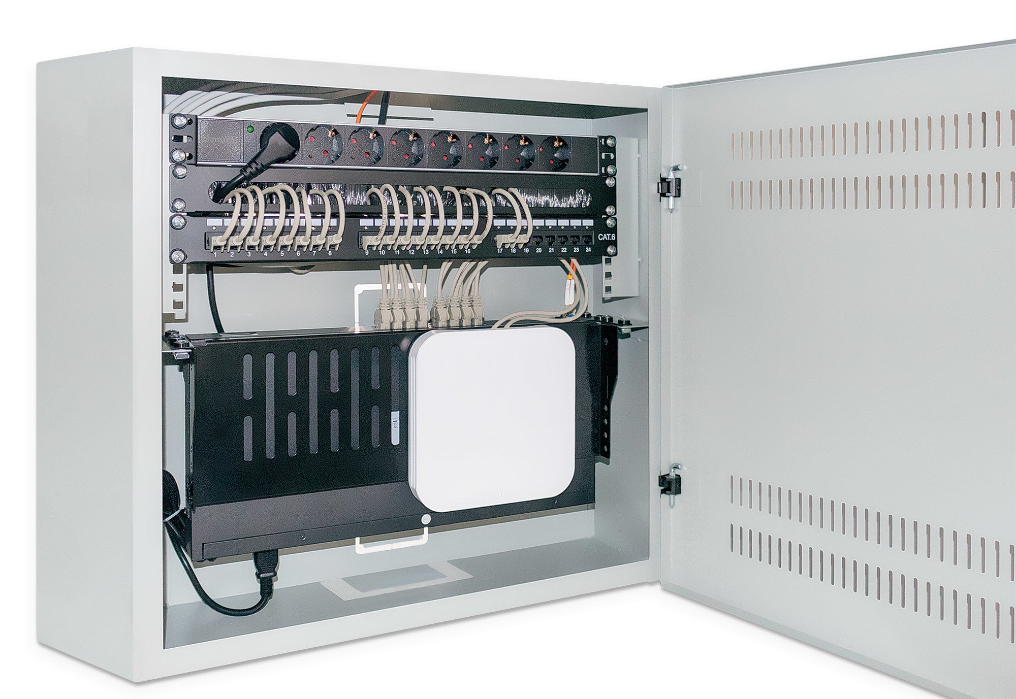 Intellinet Coffret mural 19" extra-plat avec rails 4U horizontaux et 2U verticaux, profondeur 170 mm, idéal AV/multimédia/surveillance, assemblé, gris RAL 7035