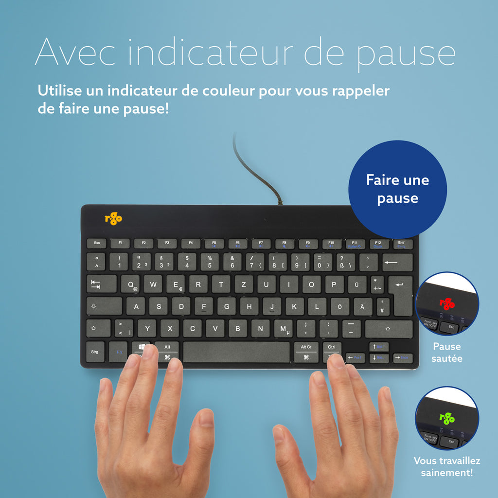 R-Go Tools Clavier ergonomique R-Go Compact Break, clavier compact avec logiciel de pause,QWERTZ (DE), Filaire, noir