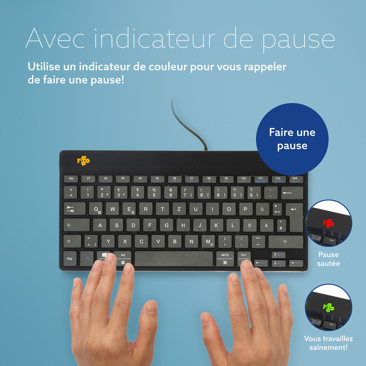 R-Go Tools Clavier ergonomique R-Go Compact Break, clavier compact avec logiciel de pause,QWERTZ (DE), Filaire, noir