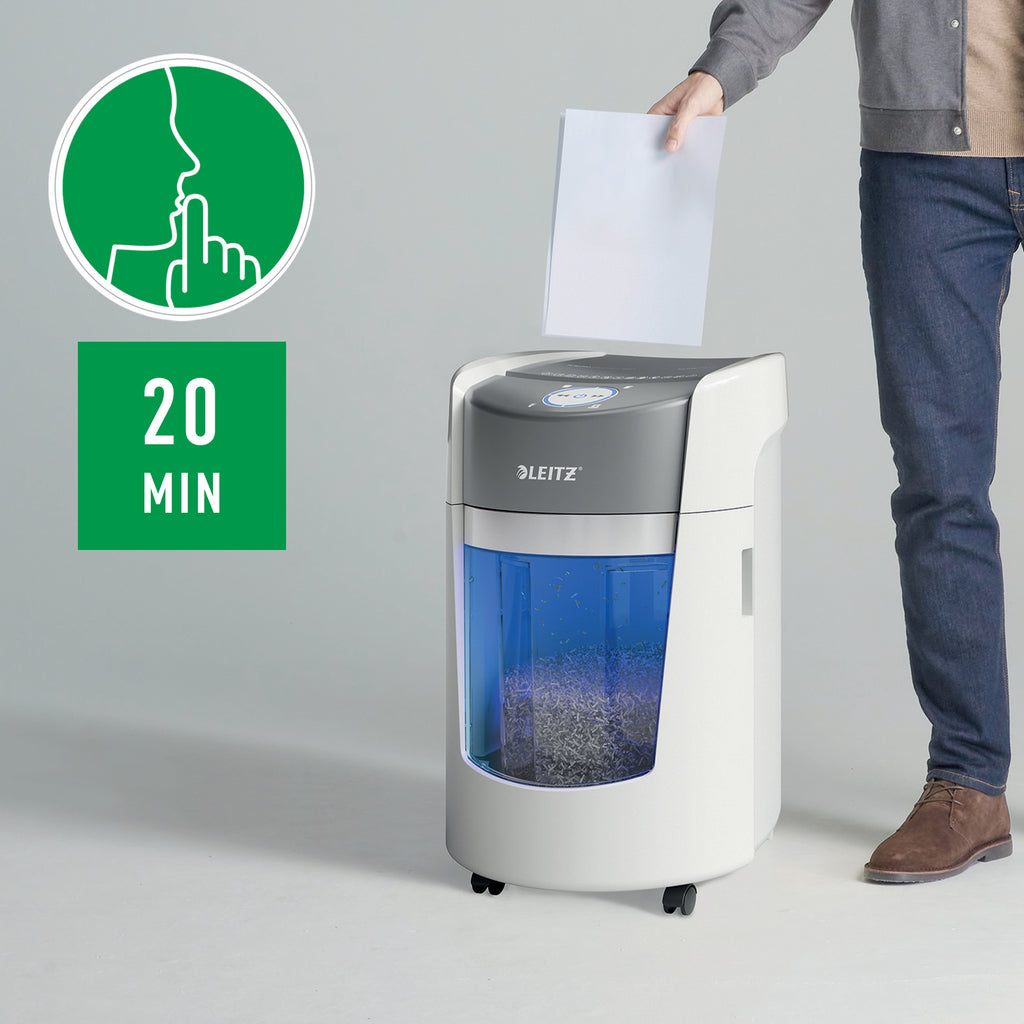 Leitz IQ OptiMax Small Office 350 destructeur de papier Découpage par micro-broyage 58 dB 22,3 cm Gris, Blanc