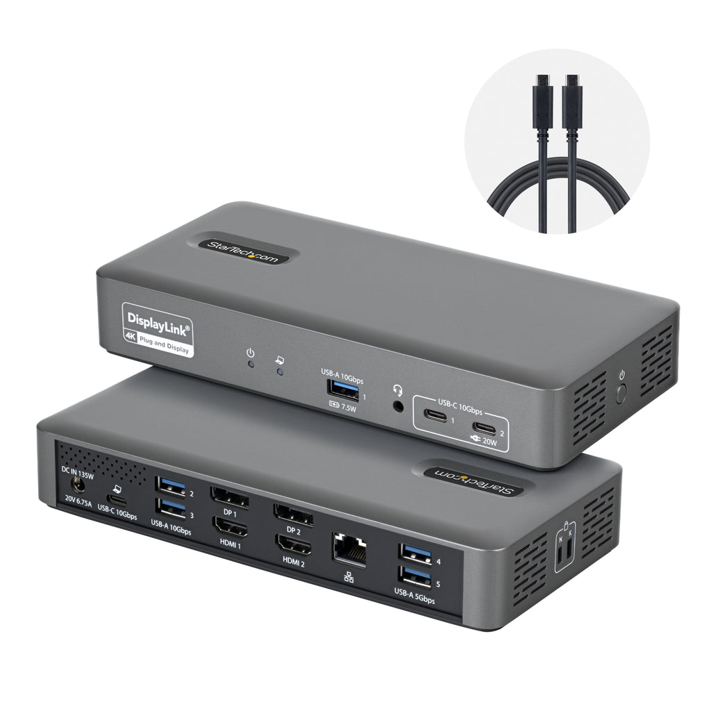 StarTech.com Station d'Accueil USB-C pour Deux Écrans, 4K 60Hz, HDMI ou DisplayPort, Recharge de PC Portable 96W, Gigabi