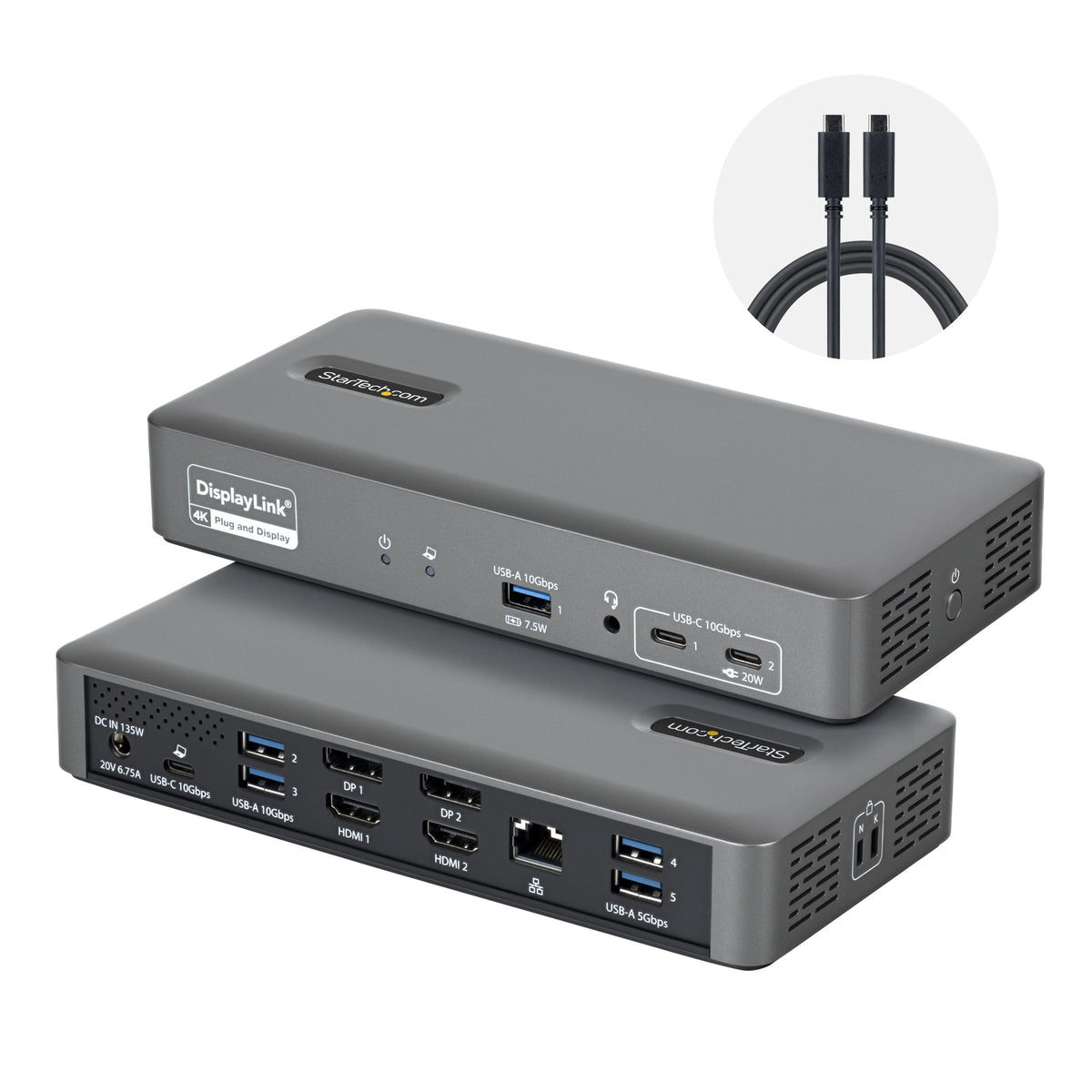 StarTech.com Station d'Accueil USB-C pour Deux Écrans, 4K 60Hz, HDMI ou DisplayPort, Recharge de PC Portable 96W, Gigabi