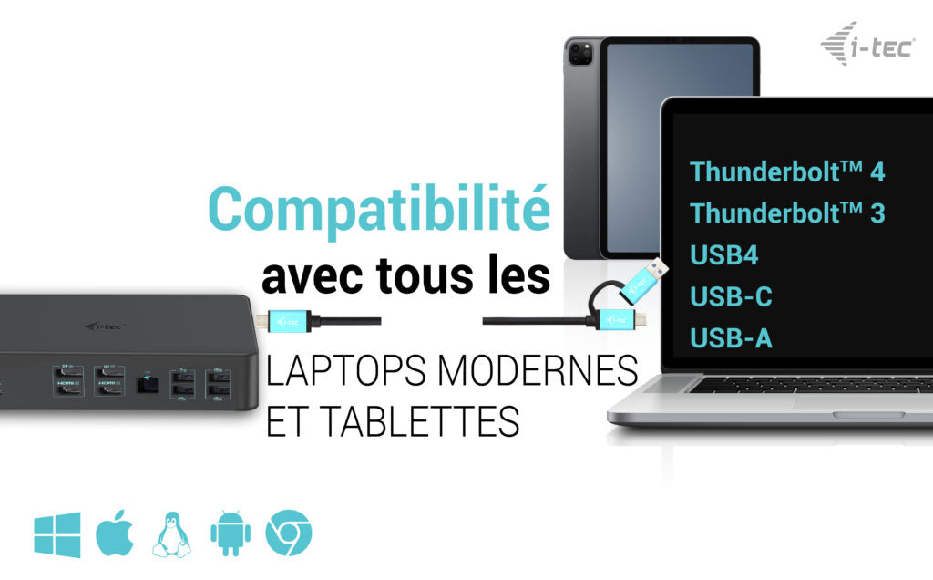i-tec Station d'accueil Professionnelle Dual 4K Generation 2, USB 3.0 / USB-C / Thunderbolt 3, Power Delivery 100W