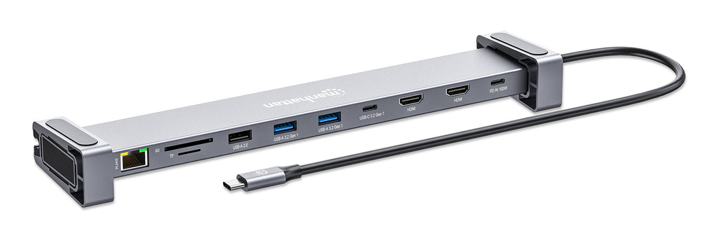 Manhattan Dock/hub USB-C avec lecteur de cartes et MST, 7 ports : Ethernet, 2x HDMI 4K@60Hz, 3x USB-A + USB-C, avec PD 100W - nécessite un chargeur USB-C externe (non inclus). Alimenté par USB (aucune alimentation externe requise) lorsque le PD n’est