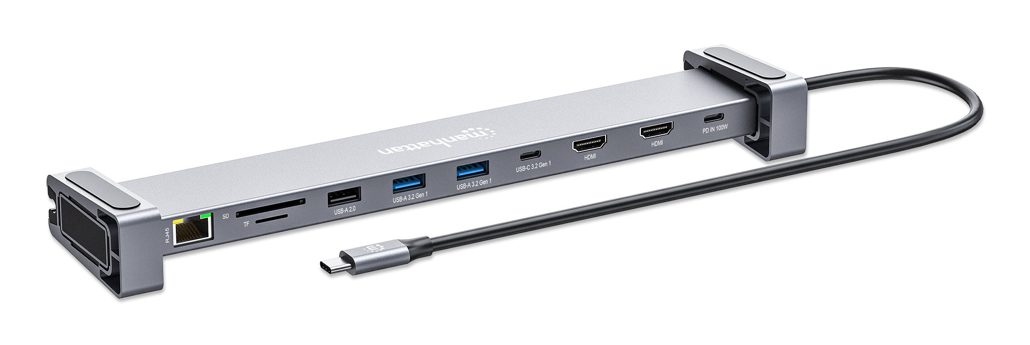 Manhattan Dock/hub USB-C avec lecteur de cartes et MST, 7 ports : Ethernet, 2x HDMI 4K@60Hz, 3x USB-A + USB-C, avec PD 100W - nécessite un chargeur USB-C externe (non inclus). Alimenté par USB (aucune alimentation externe requise) lorsque le PD n’est