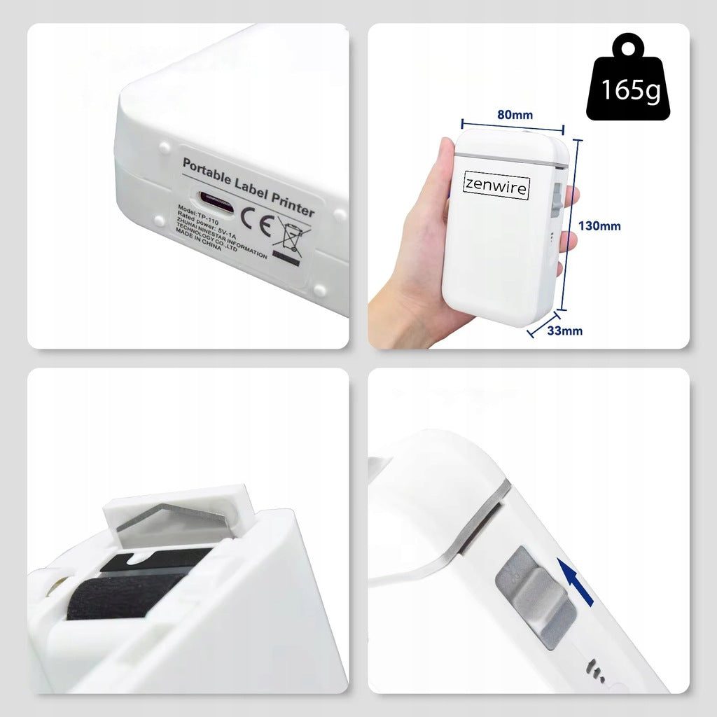 Mini-imprimante thermique portable pour étiquettes et autocollants, Bluetooth et USB-C, Zenwire TP-110