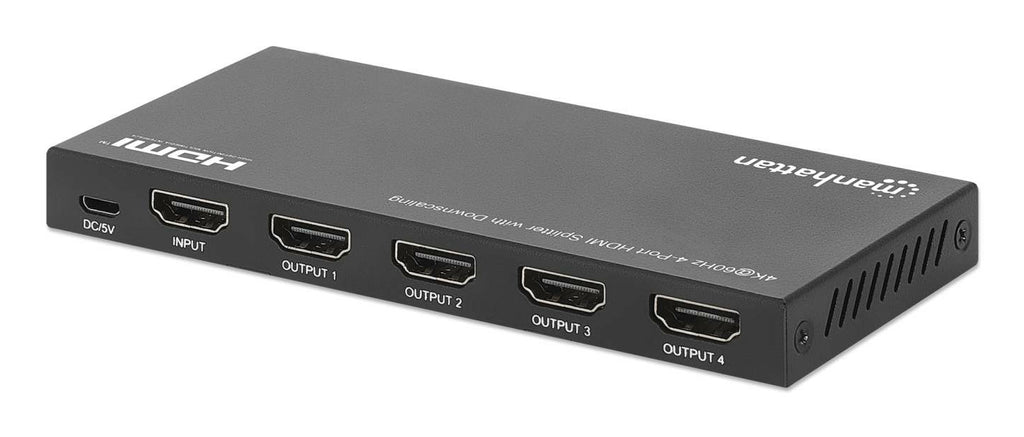 Manhattan Splitter HDMI 4 ports avec downscaling, 4K@60 Hz, distribue 1 entrée HDMI vers 4 sorties (même signal), bouton de conversion 4K vers 1080p, inclut câble Micro-USB vers USB-A (0,8 m), noir - vue 4