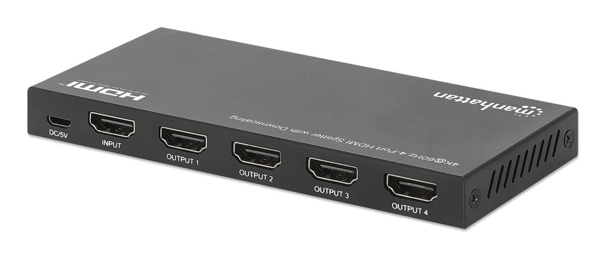 Manhattan Splitter HDMI 4 ports avec downscaling, 4K@60 Hz, distribue 1 entrée HDMI vers 4 sorties (même signal), bouton de conversion 4K vers 1080p, inclut câble Micro-USB vers USB-A (0,8 m), noir - vue 4