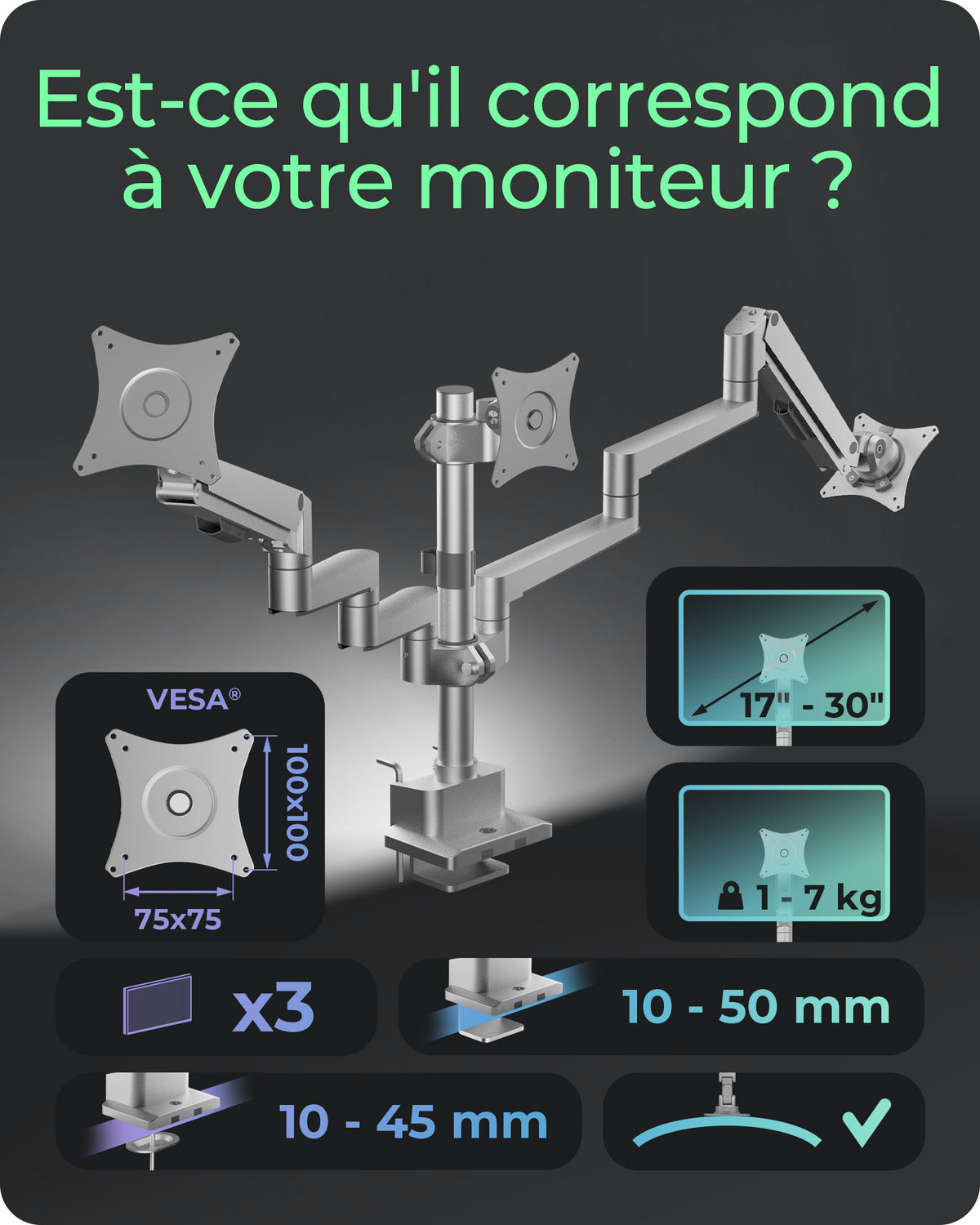 Support Bureau IB-MS525-T pour Écran jusqu'à 30 pouces, Gris et Argent