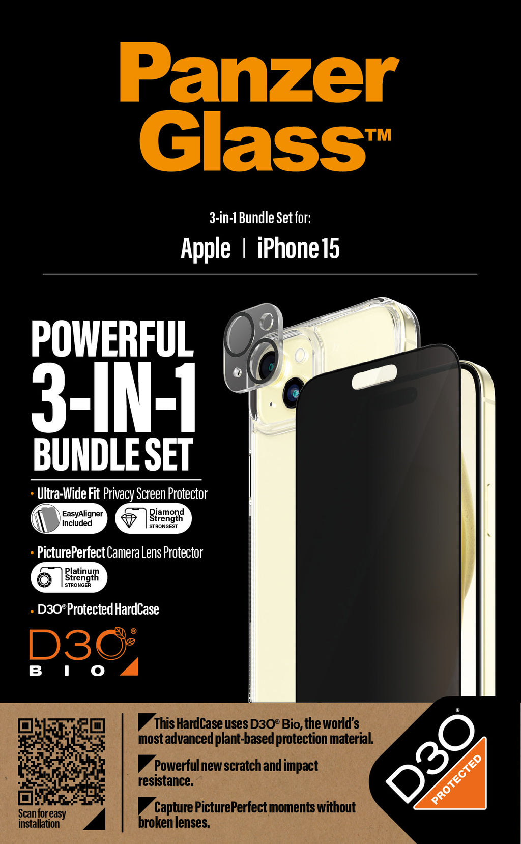 PanzerGlass ® 3-in-1 Privacy Bundle iPhone 15 Protection d'écran transparent Apple 1 pièce(s)