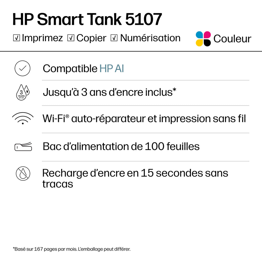HP Smart Tank 5107 Imprimante Multifonction Couleur Sans Fil, Copieur et Scanner