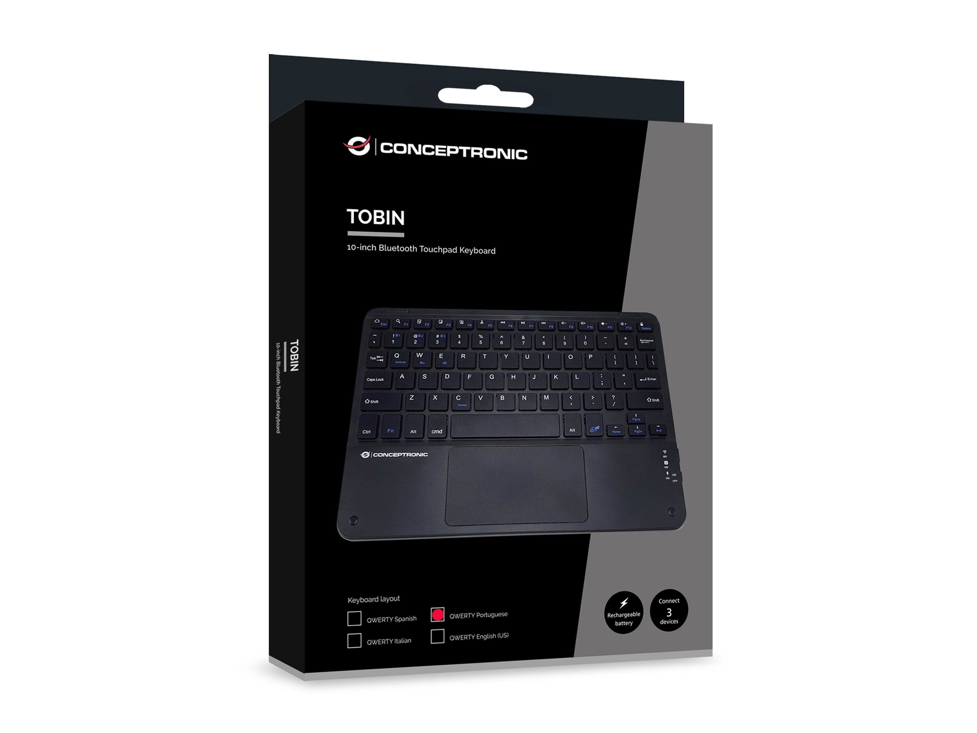Conceptronic TOBIN01BPT clavier Universel Bluetooth QWERTY Portuguais Noir