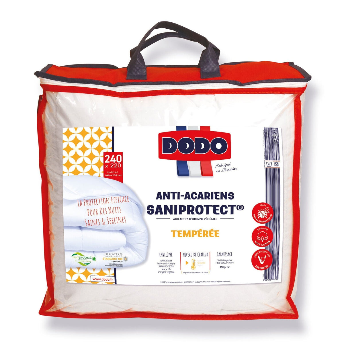 DODO Couette Tempérée Anti-acarien 220x240cm Saniprotect
