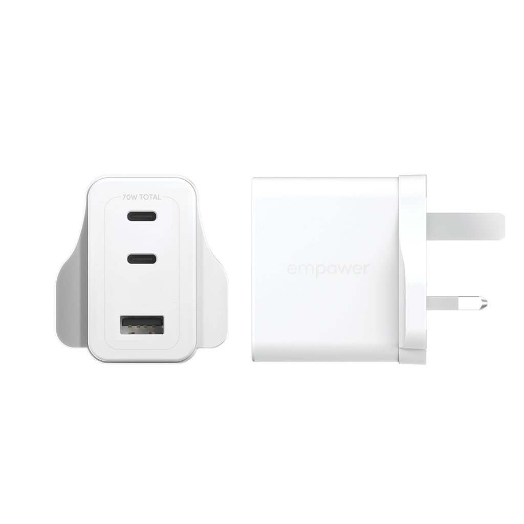 PanzerGlass empower™ by ® Turbo 70W Charger incl. 2 x USB-C + USB-A | UK Plug | Silver White Blanc
