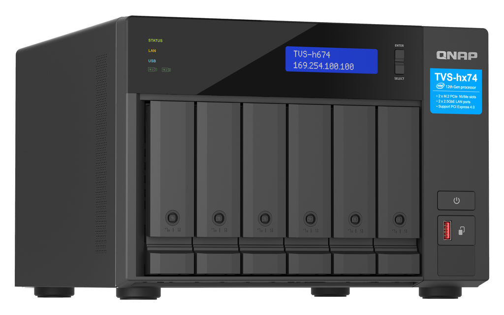 QNAP TVS-H674 NAS Tower Intel® Core™ i5 i5-12400 32 Go DDR4 0 To QuTS hero Noir - vue 4