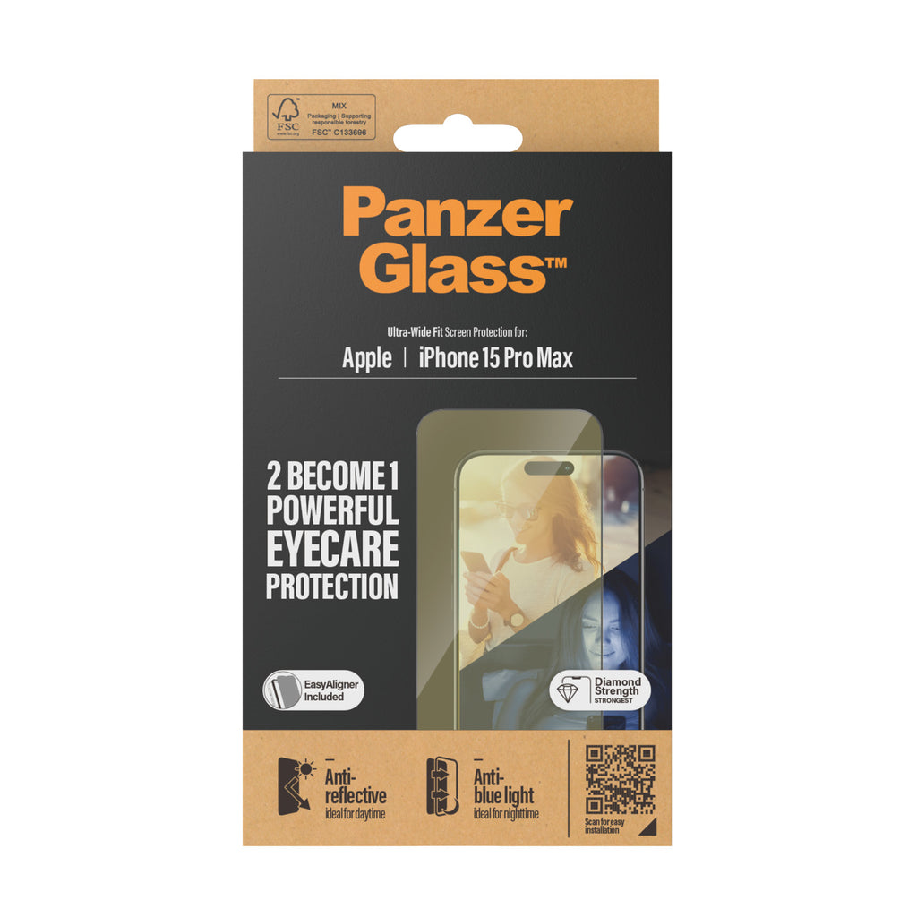 PanzerGlass EyeCARE Protection d'écran pour iPhone 15 Pro Max, Ultra-Wide Fit avec EasyAligner, Transparent
