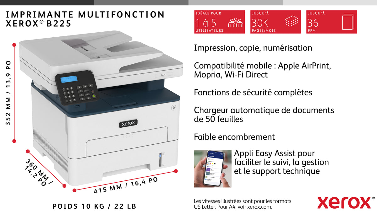 Xerox B225 Imprimante Multifonction A4 Sans Fil, 34 ppm, Recto Verso, ADF