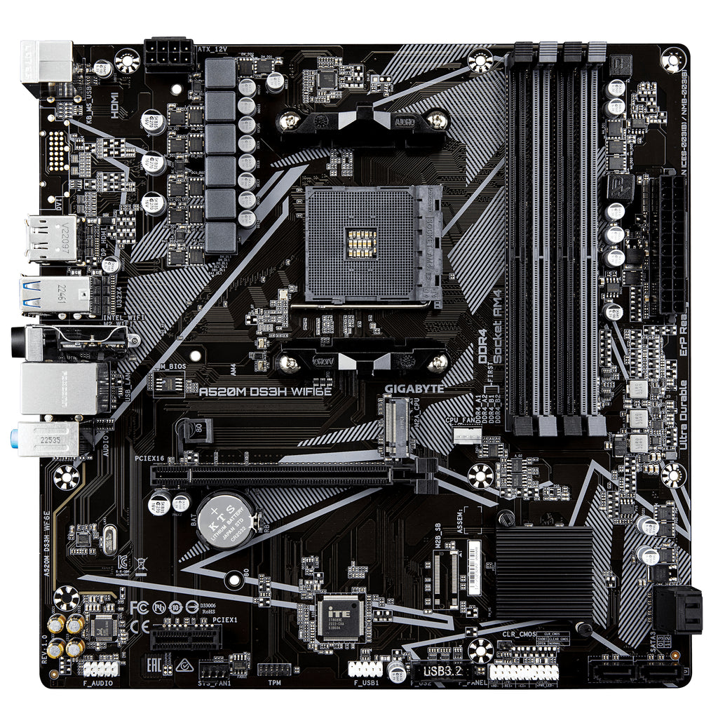 GIGABYTE A520M DS3H WIFI6E Carte Mère – Compatible avec les processeurs AMD Ryzen 5000 Series AM4, jusqu’à 4733 MHz DDR4 (OC), 1x PCIe 3.0 M.2, Wi-Fi 6E, LAN GbE, USB 3.2 Gen 1