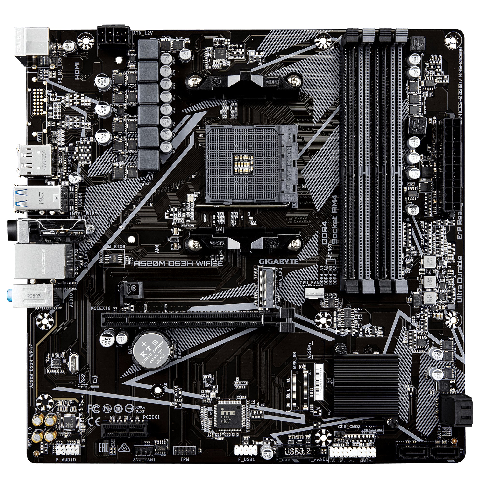 GIGABYTE A520M DS3H WIFI6E Carte Mère – Compatible avec les processeurs AMD Ryzen 5000 Series AM4, jusqu’à 4733 MHz DDR4 (OC), 1x PCIe 3.0 M.2, Wi-Fi 6E, LAN GbE, USB 3.2 Gen 1