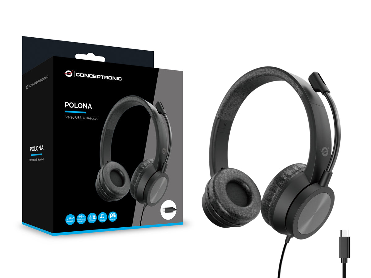 Conceptronic POLONA05BC Casque Filaire USB Type-C pour Bureau et Centre d'Appels, Noir