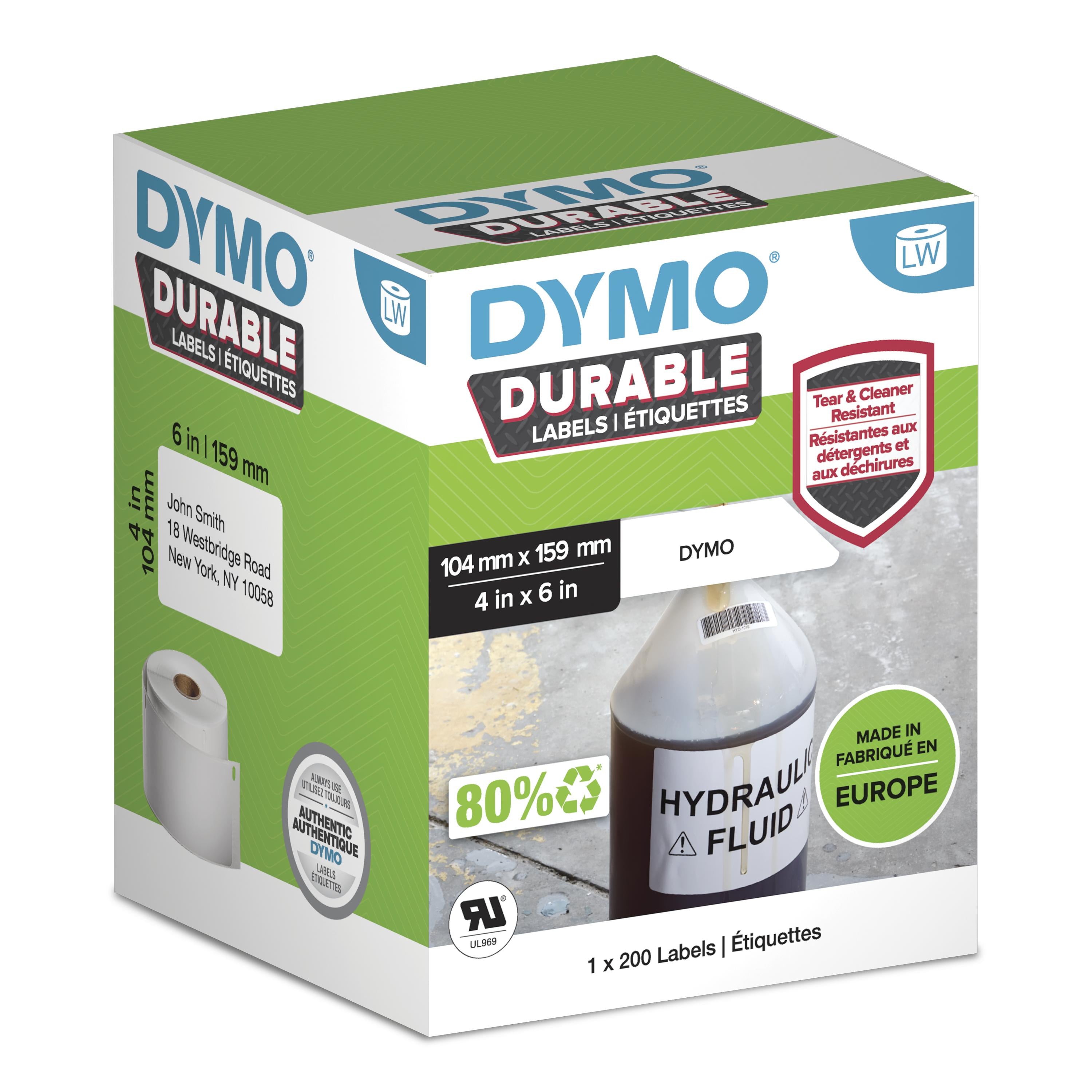 DYMO LW Étiquettes industrielles résistantes | authentique | plastique blanc | 104 x 159 mm | 1 rouleaux de 200) | pour étiqueteuses LabelWriter 450/550 et 4XL/5XL