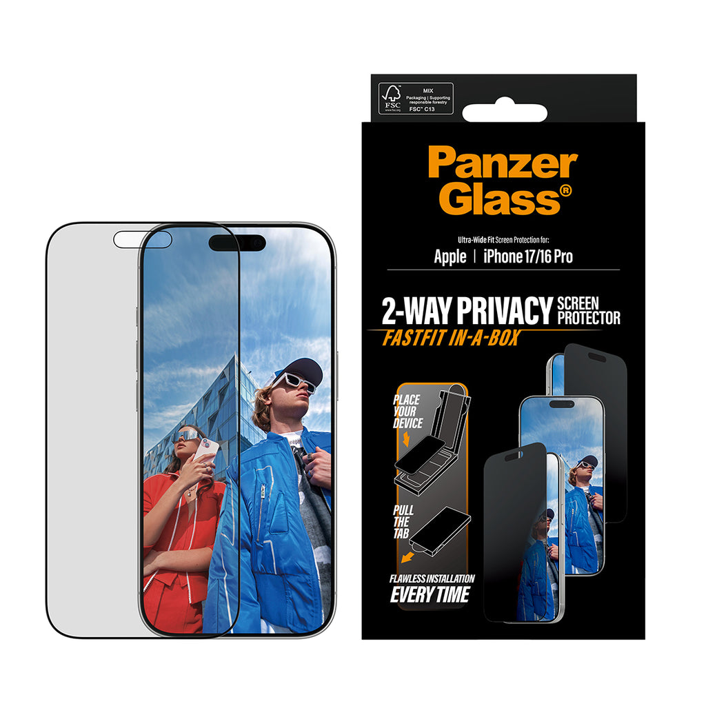 PanzerGlass Protection d'écran de Confidentialité 2-Way pour iPhone 17 et iPhone 16 Pro, Ultra-Wide Fit avec Fastfit