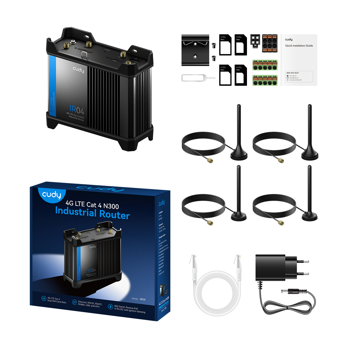 Cudy 4G LTE Cat 4 N300 Industrial Wi-Fi Router, IR04 1.0 Routeur de réseau cellulaire