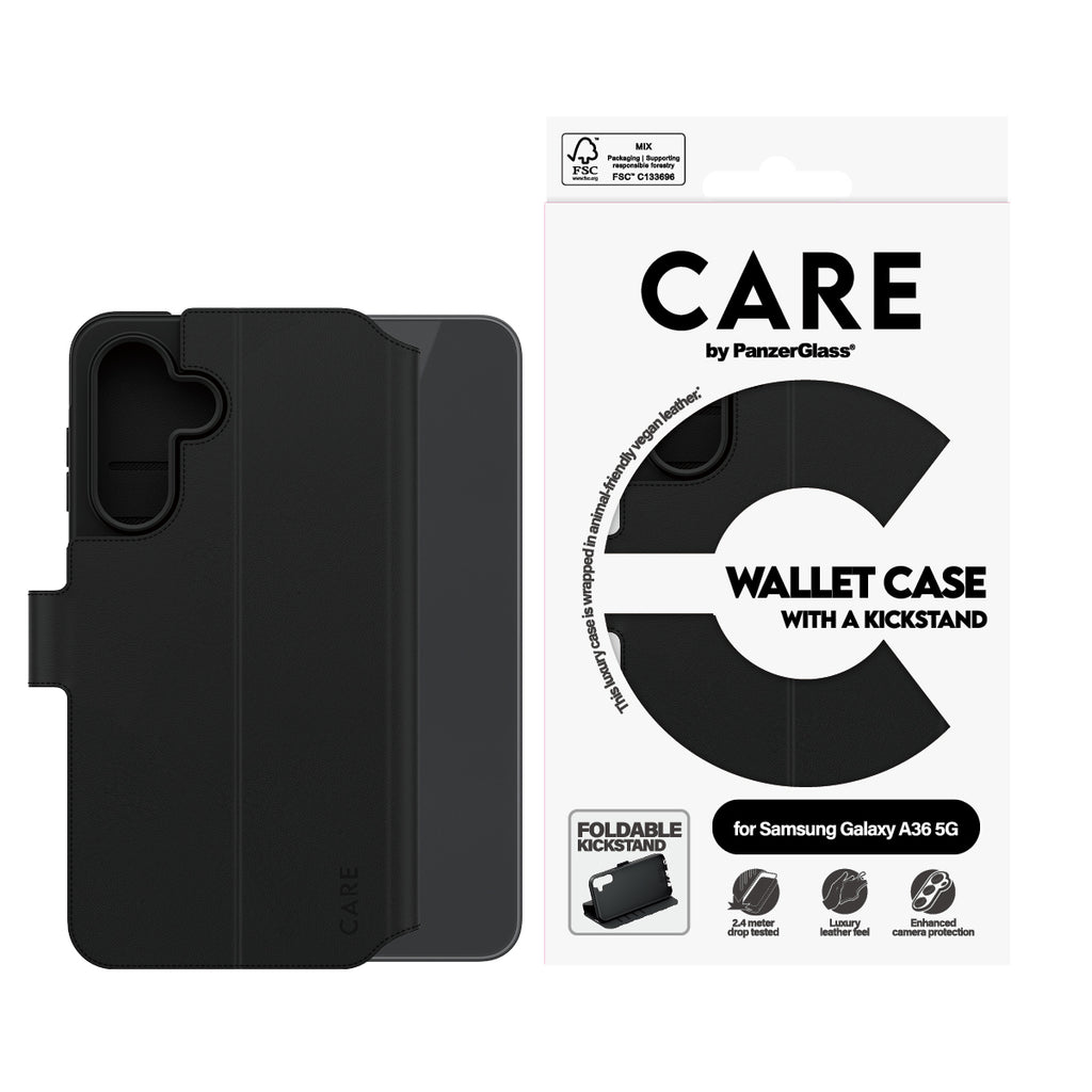 PanzerGlass CARE Wallet Case avec Support pour Samsung Galaxy A36 5G, Housse de Protection 6.7", Noir