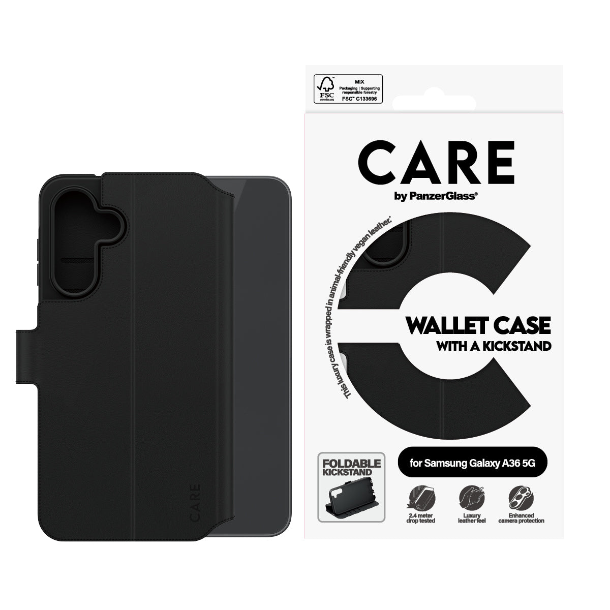 PanzerGlass CARE Wallet Case avec Support pour Samsung Galaxy A36 5G, Housse de Protection 6.7", Noir