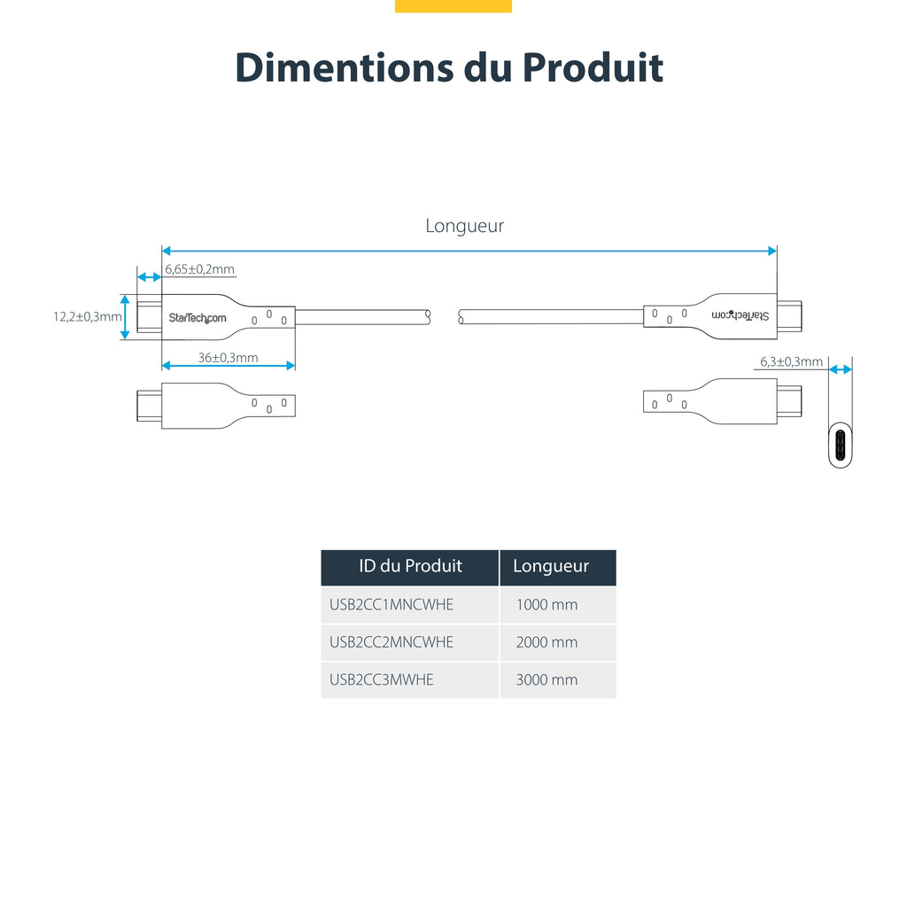 StarTech.com Câble de Charge USB-C de 3m, Charge et Synchronisation, 60W (3A) PD, Câble de Charge USB 2.0 pour Ordinateur Portable, Gaine TPE - Cordon de Charge USB C Blanc