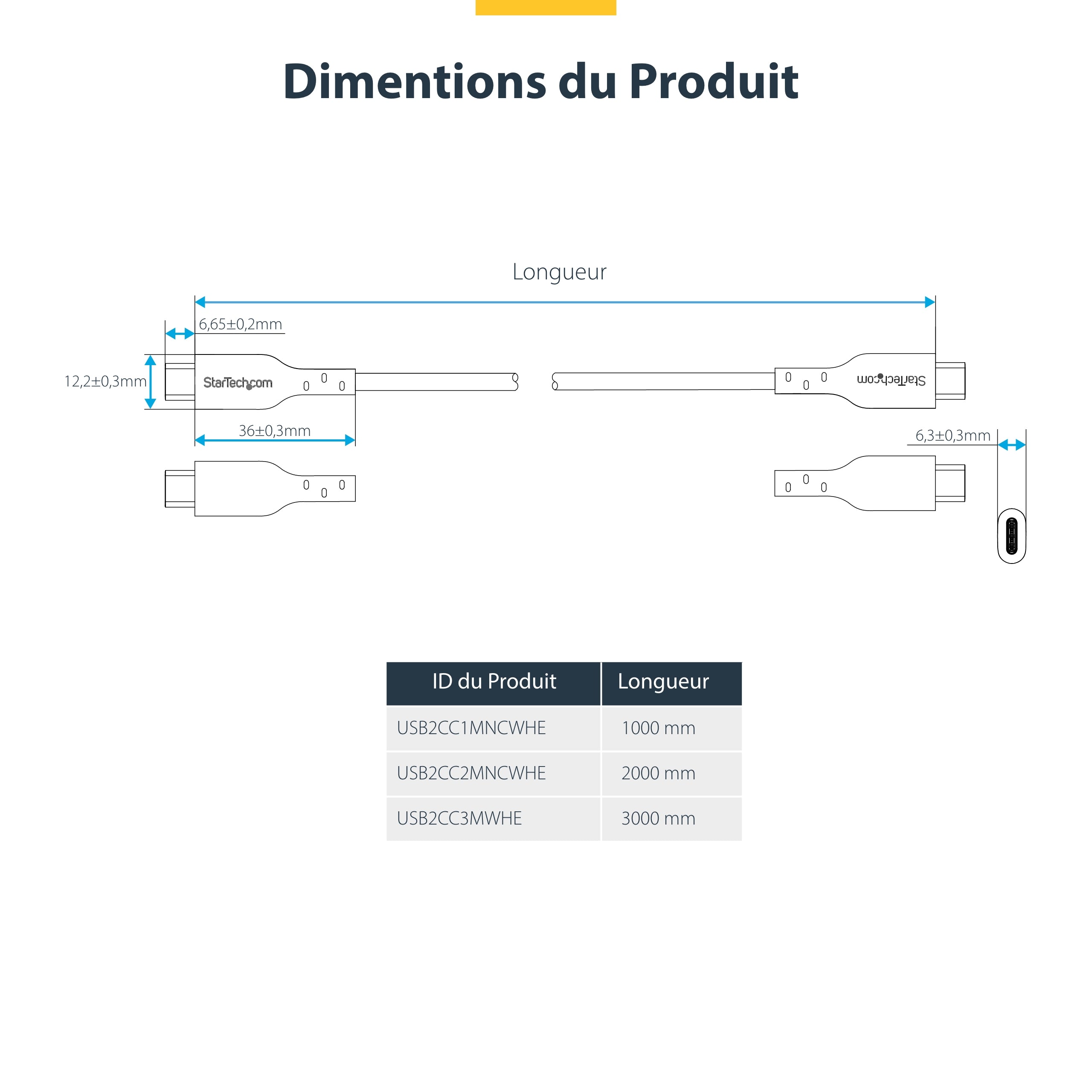 StarTech.com Câble de Charge USB-C de 3m, Charge et Synchronisation, 60W (3A) PD, Câble de Charge USB 2.0 pour Ordinateur Portable, Gaine TPE - Cordon de Charge USB C Blanc