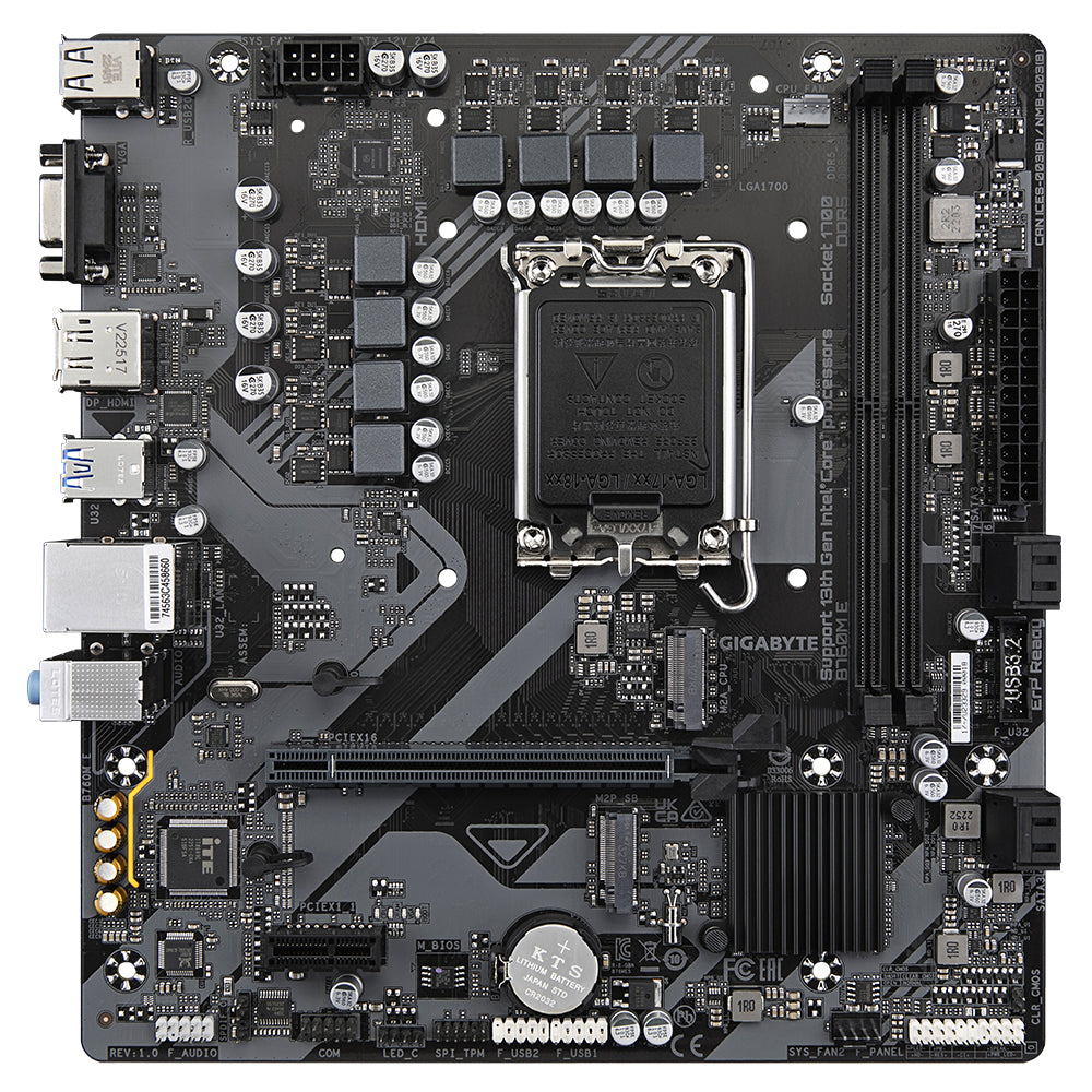 GIGABYTE B760M E Carte mère - Compatible avec les processeurs Intel Core 14ᵉ génération, VRM 6+1+1 phases, jusqu'à 7200 MHz DDR5 (OC), 2xPCIe 4.0 M.2, LAN 1 GbE, USB 3.2 Gen 1