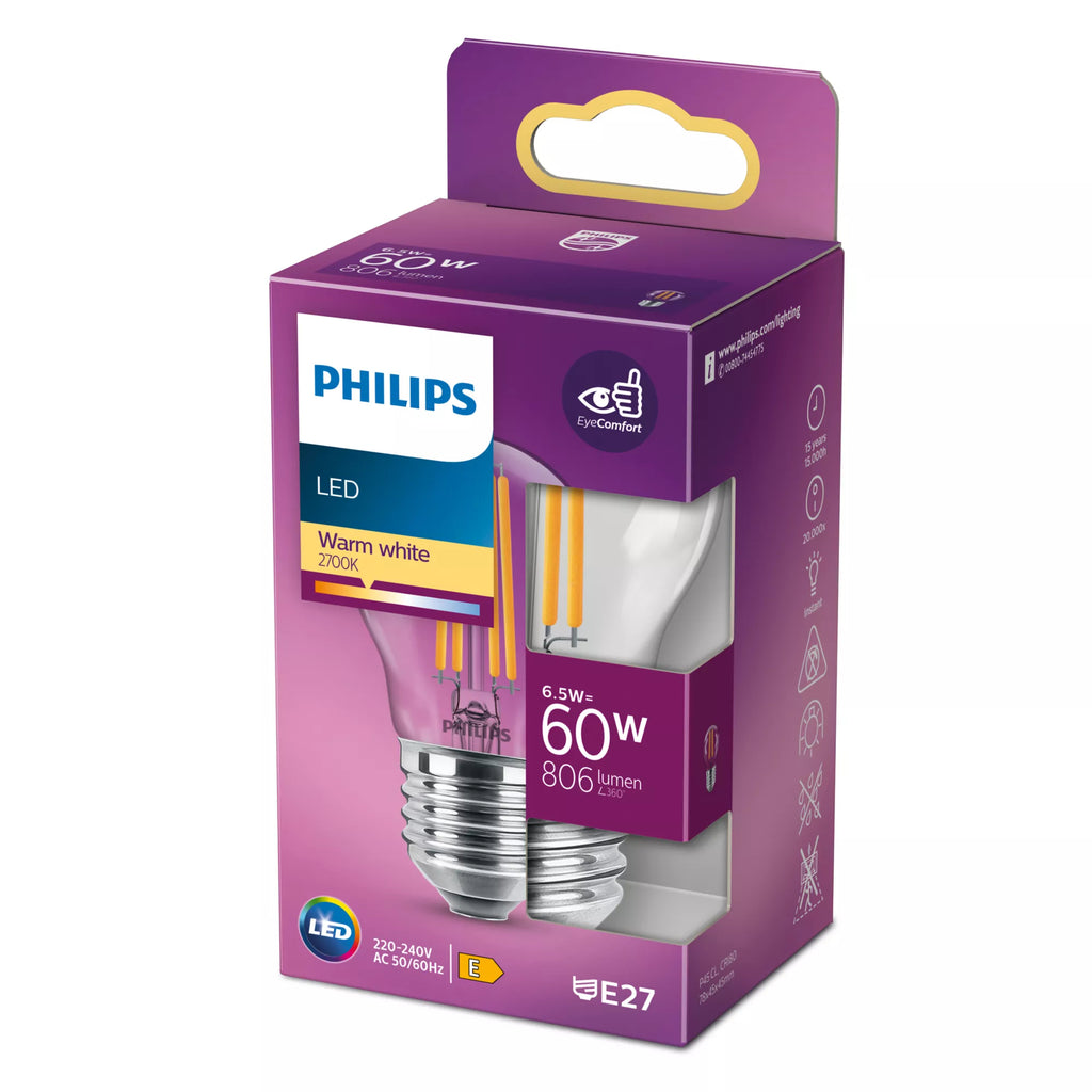 Philips Ampoule flamme transparente à filament 60W P45 E27