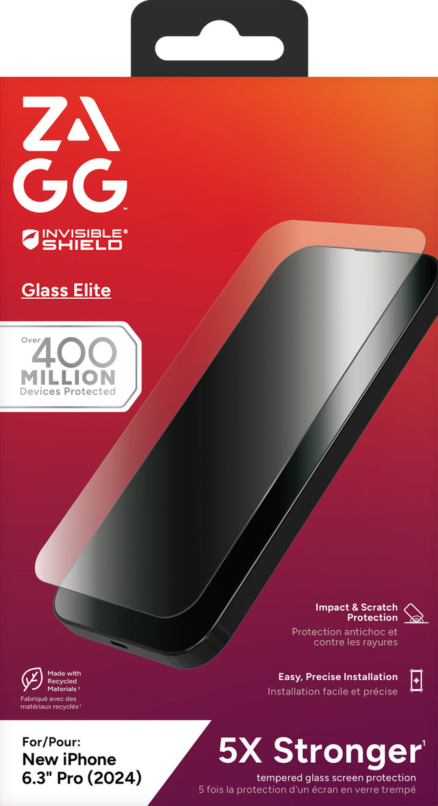InvisibleShield Glass Elite Protection d'écran en Verre Trempé pour iPhone 16 Pro, Transparent