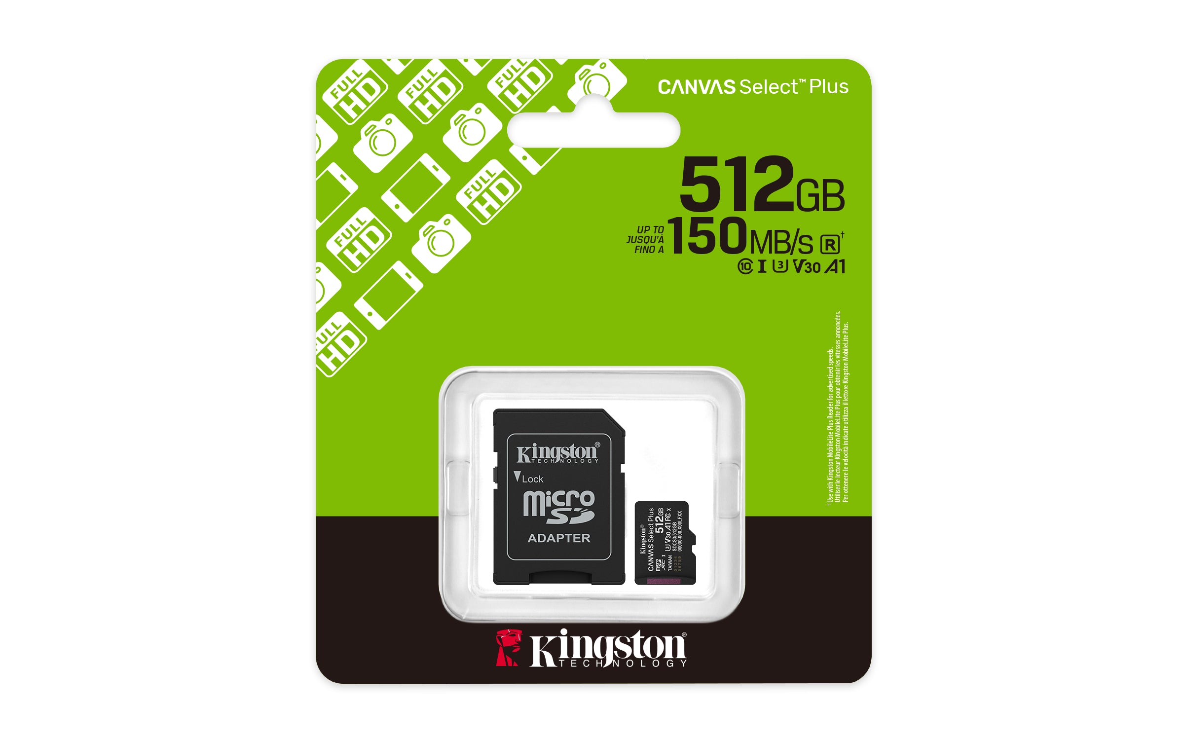 Kingston Technology 512GB microSDXC Canvas Select Plus Gen3 150MB/s A1 (Adaptateur SD inclus)