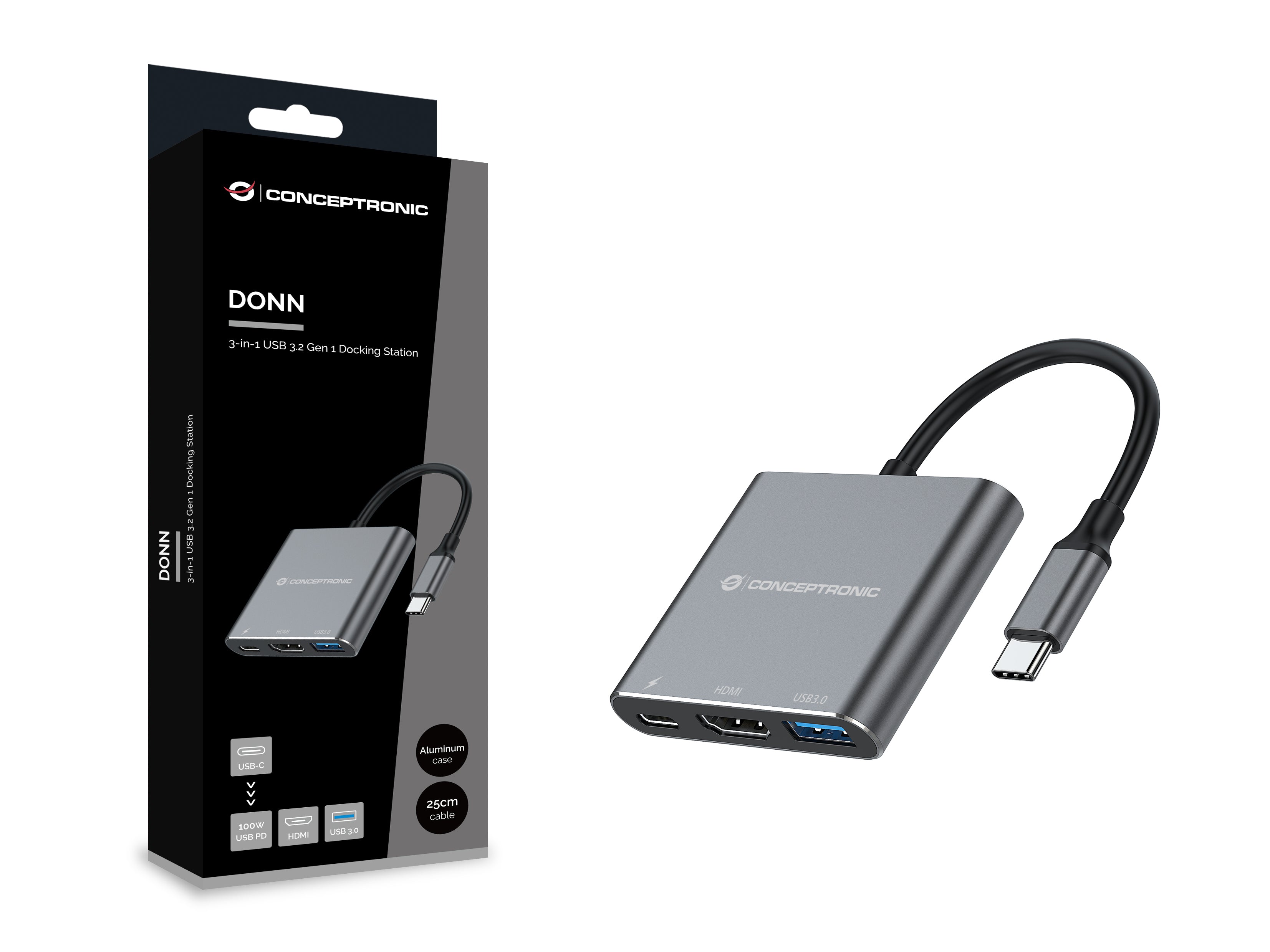Conceptronic DONN18G station d'accueil Avec fil USB 3.2 Gen 1 (3.1 Gen 1) Type-C Gris