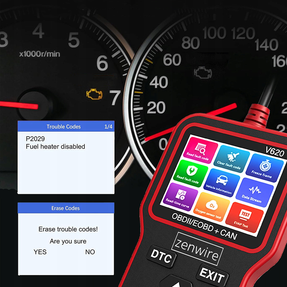 Interface, testeur, scanner de diagnostic, écran OBD2, ELM327, CAN, ordinateur Zenwire V620