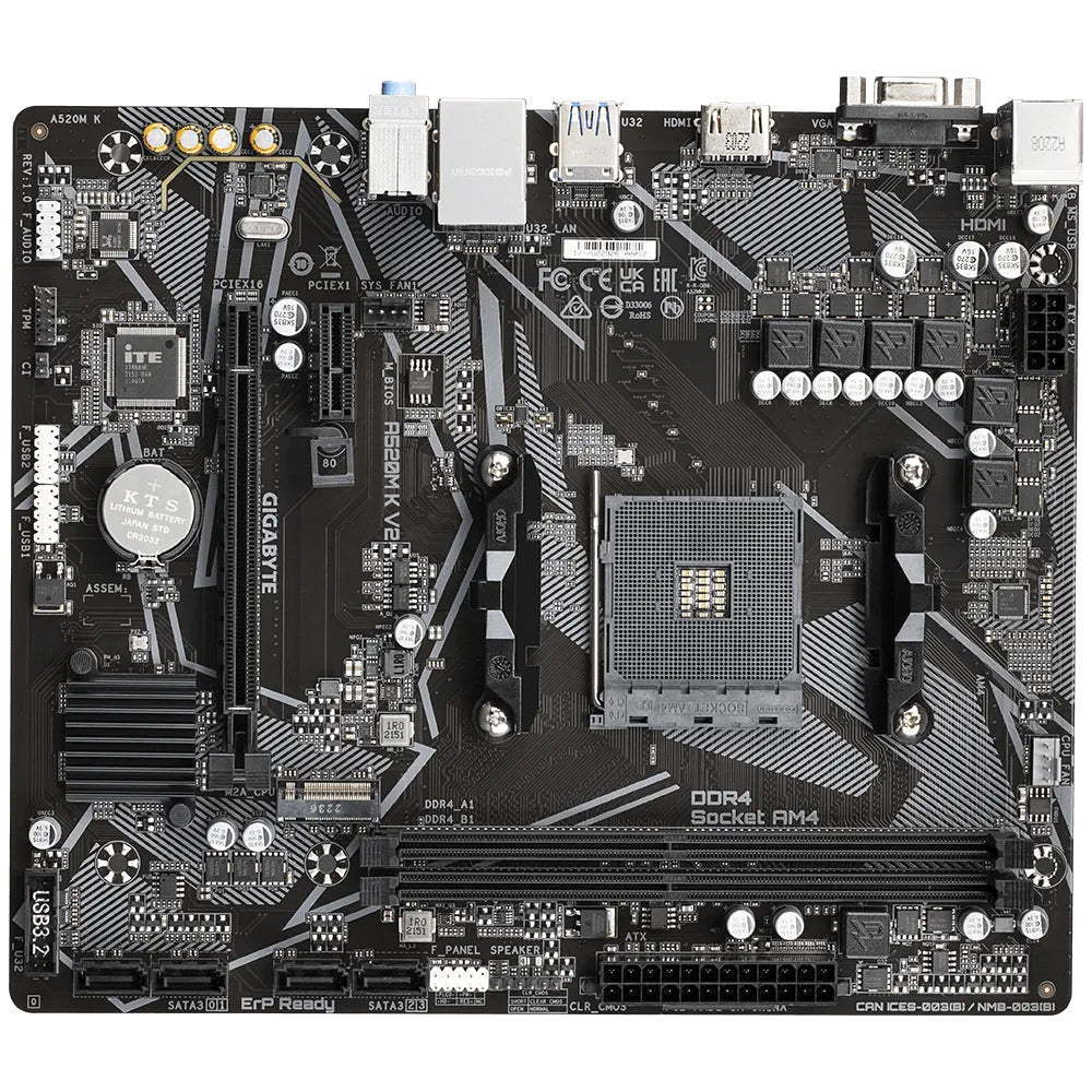 GIGABYTE Carte mère A520M K V2 - Prend en charge les processeurs AMD Ryzen série 5000 AM4, jusqu'à 5100MHz DDR4 (OC), PCIe Gen3 x4 M.2, LAN GbE, USB 3.2 Gen 1