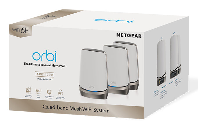 NETGEAR Orbi Quad-band RBKE963 AXE11000 WiFi 6E Mesh System Quad-band (2.4 GHz / 5 GHz-1 / 5 GHz-2 / 6 GHz) Wi-Fi 6 (802.11ax) Gris, Blanc 16 Interne