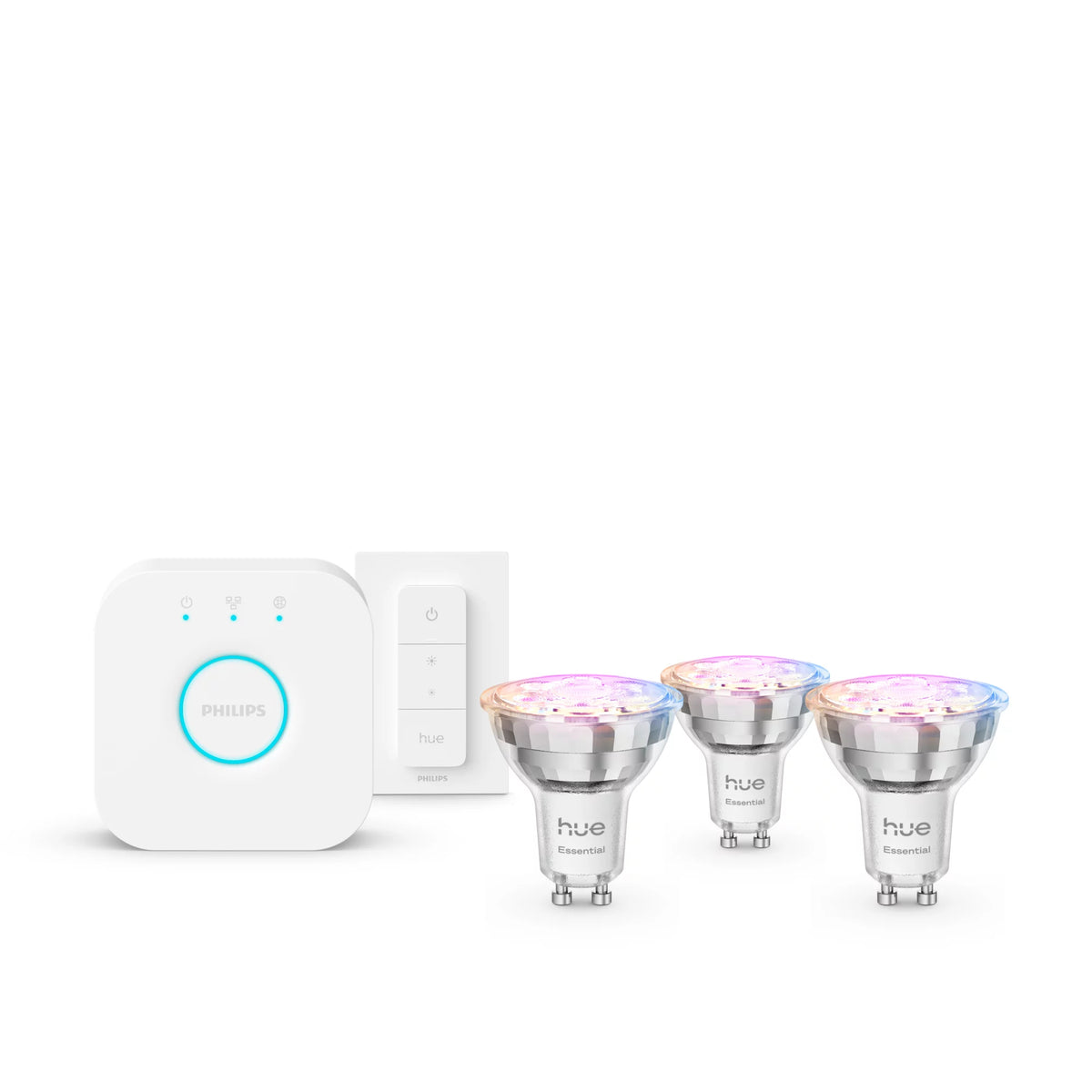 Philips Hue White and Color ambiance Kit de démarrage Essential : 3 ampoules connectées GU10 (345 lm) + variateur