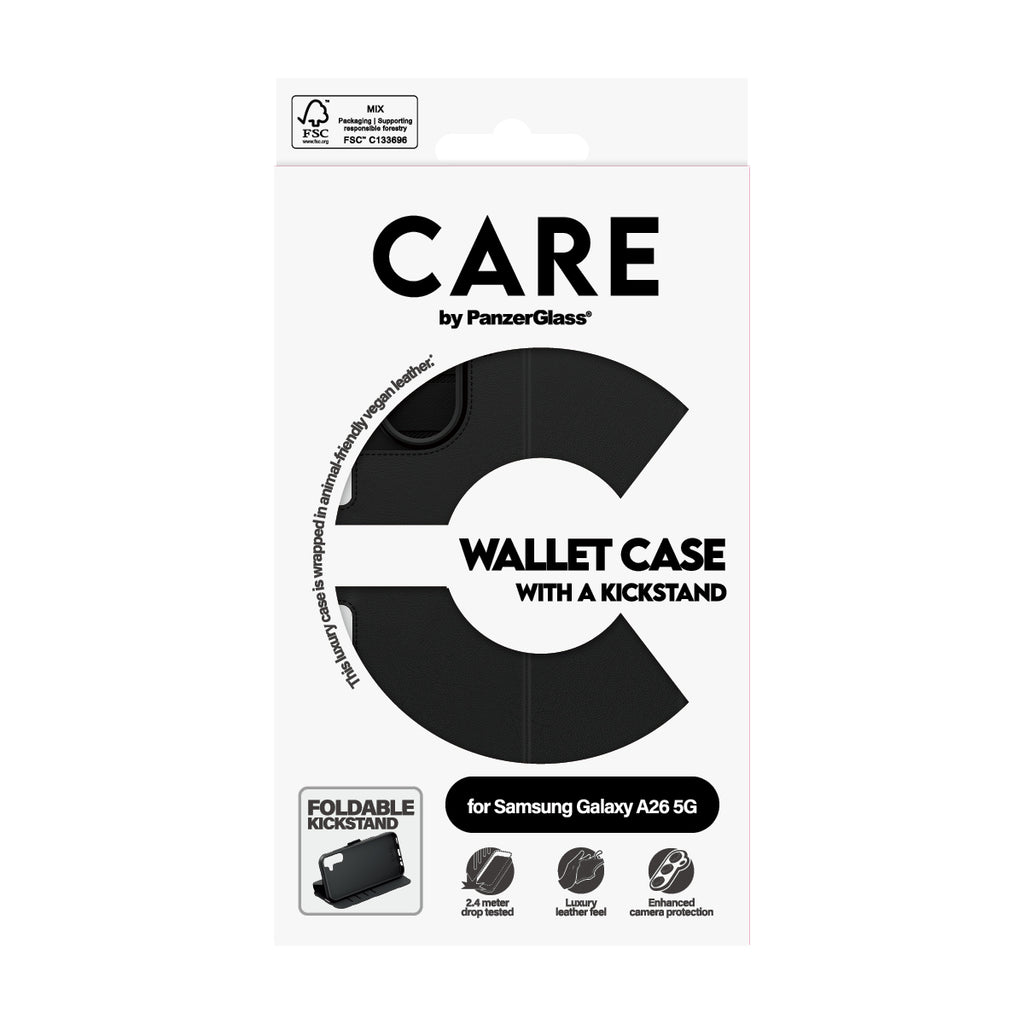 PanzerGlass CARE Wallet Case avec Support pour Samsung Galaxy A26 5G, Housse de Protection 6.7", Noir