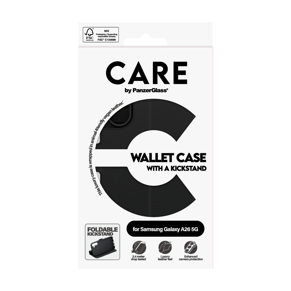 PanzerGlass CARE Wallet Case avec Support pour Samsung Galaxy A26 5G, Housse de Protection 6.7", Noir
