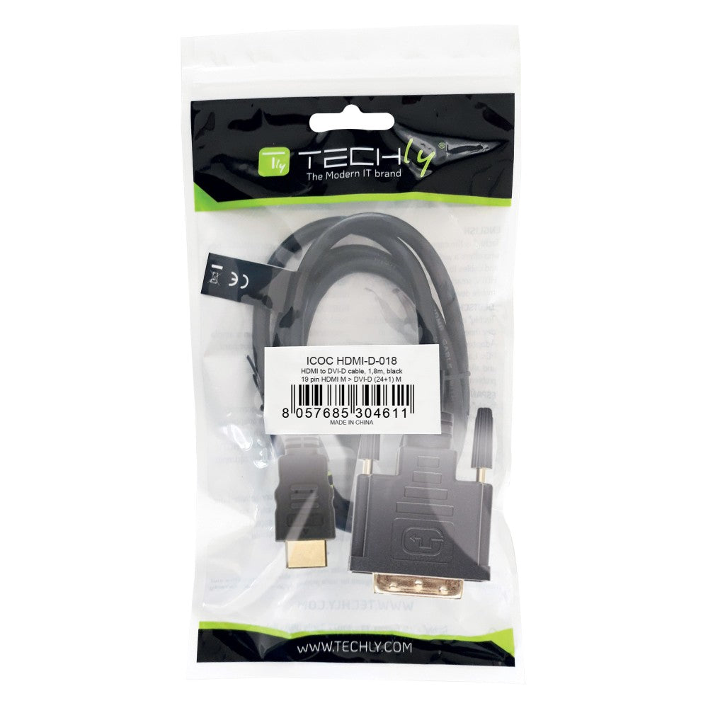 Techly 1.8m HDMI - DVI-D M/M 1,8 m Noir