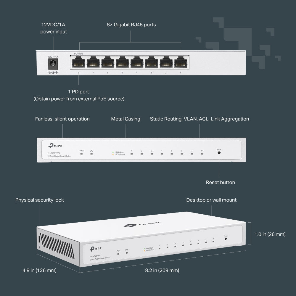 TP-Link Festa FS308G Switch Gigabit Ethernet Géré L2/L2+ PoE, 8 Ports RJ-45, Blanc