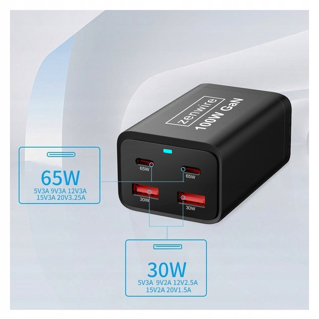 Chargeur secteur, bloc d'alimentation 100 W, adaptateur GaN III, câble secteur, 2 ports USB-C 65 W, 2 ports USB-A, Zenwire YMS-608