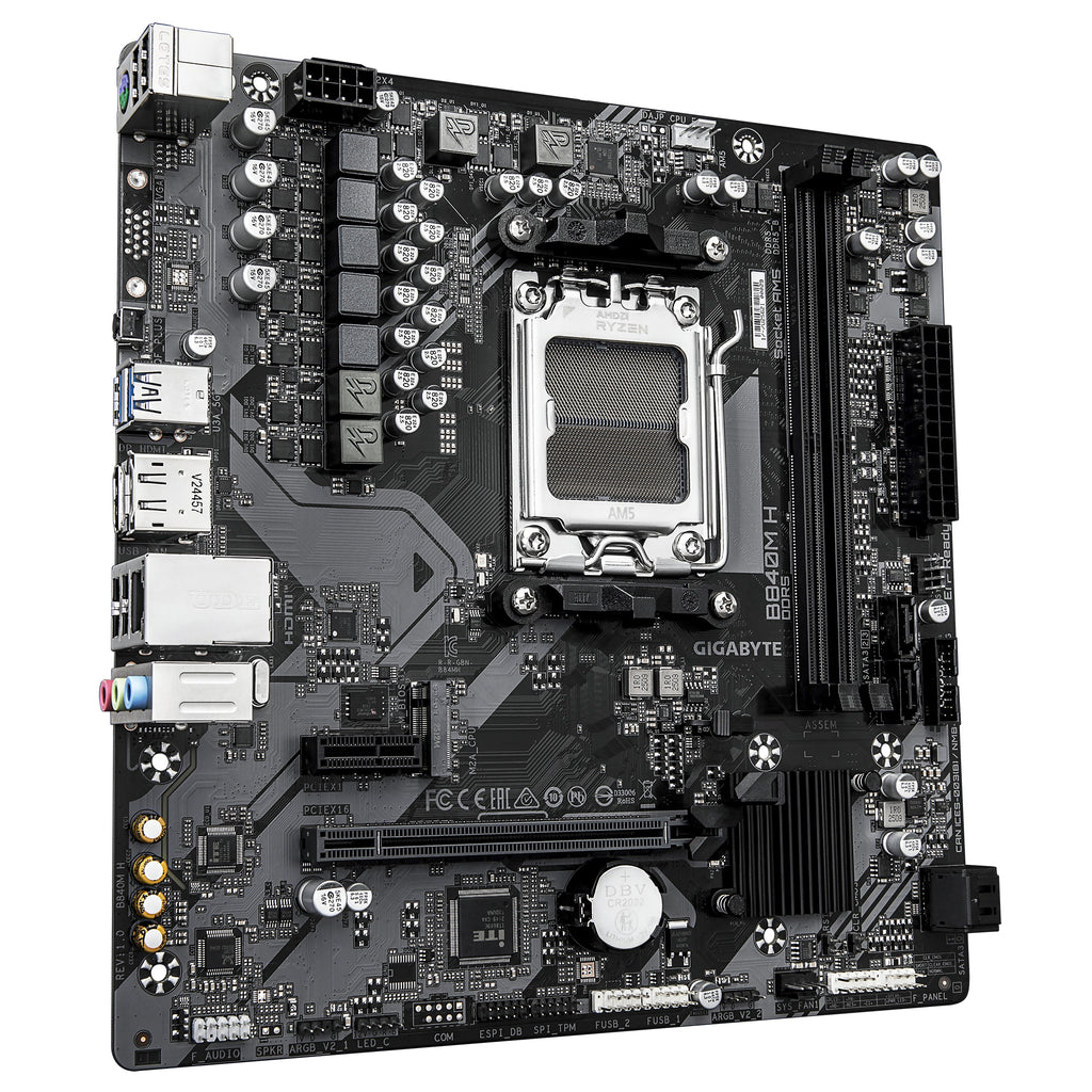 GIGABYTE B840M H Carte Mère - Processeurs AMD Ryzen 9000, VRM 5+2+2 phases, jusqu’à 7200MHz DDR5 (O.C), 1xPCIe 4.0 M.2, LAN 1GbE, USB 3.2 Gen 1 - vue 3