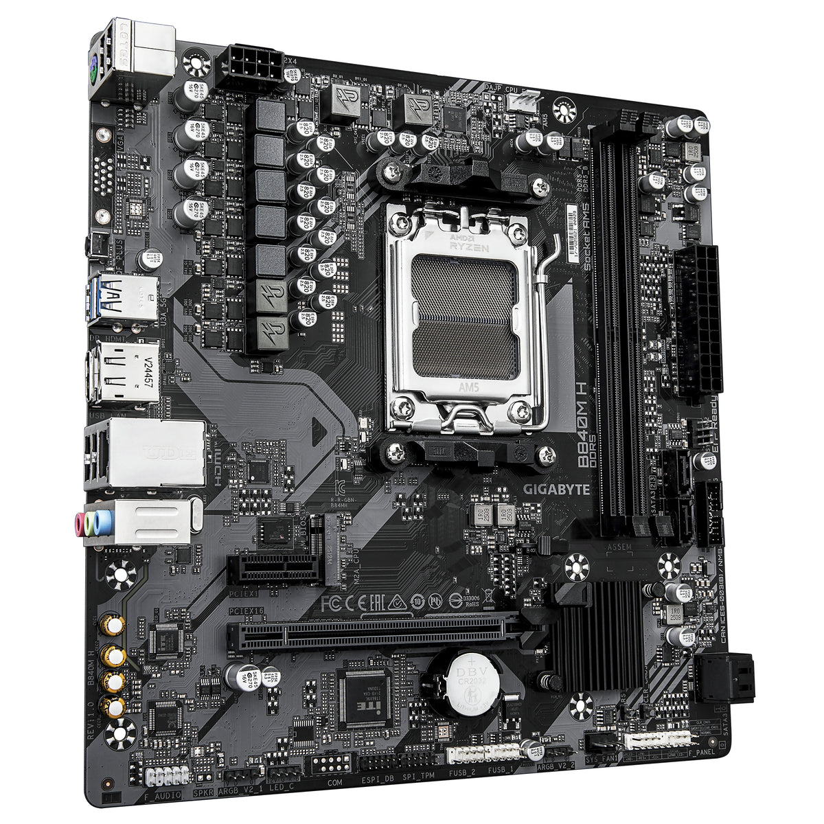 GIGABYTE B840M H Carte Mère - Processeurs AMD Ryzen 9000, VRM 5+2+2 phases, jusqu’à 7200MHz DDR5 (O.C), 1xPCIe 4.0 M.2, LAN 1GbE, USB 3.2 Gen 1 - vue 3