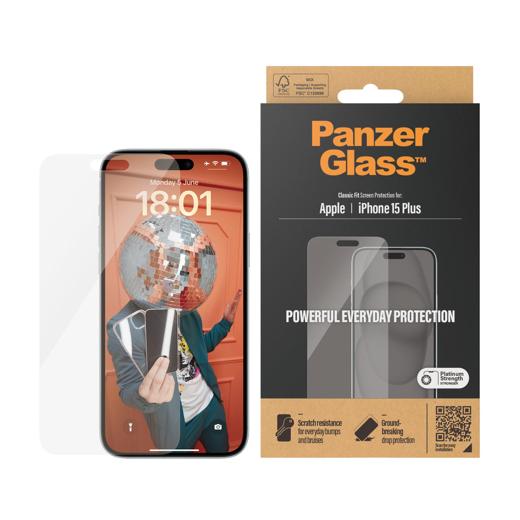 PanzerGlass Protection d'écran Classic Fit pour iPhone 15 Plus, Verre Trempé Transparent