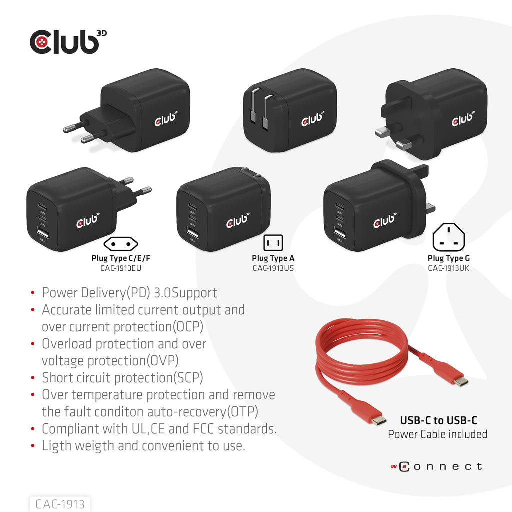 CLUB3D CAC-1913 Chargeur Universel Secteur Charge Rapide, 2 Ports USB-C, Noir